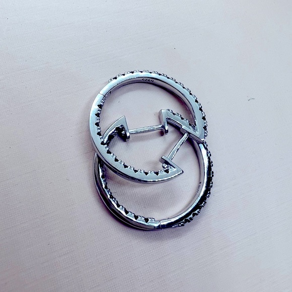 🌟 Sterling Silver Big Hoop Earring Black Diamonds - Picture 5 of 5